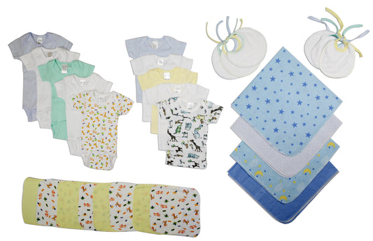 Emerald Clover boys layette set 28 piece with pastel onesies bibs burp cloths and star print cloths