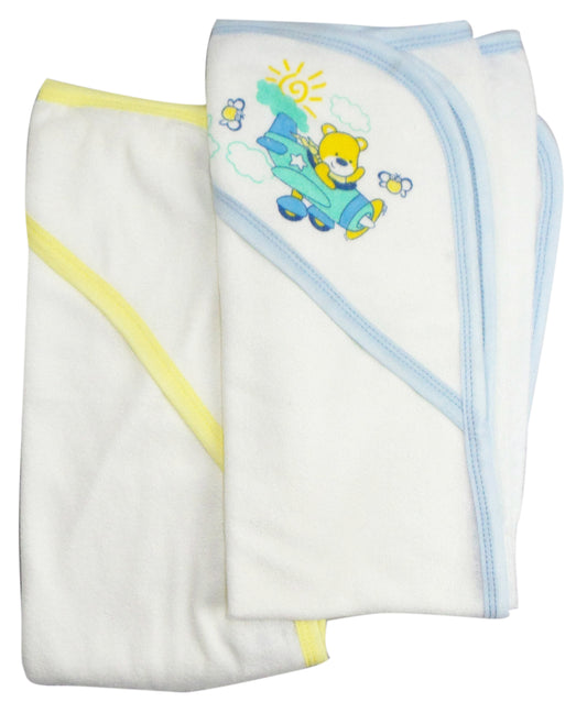 Emerald Clover infant hooded bath towels pack of 2 white cotton towels one with blue bear airplane hood and one with yellow trim