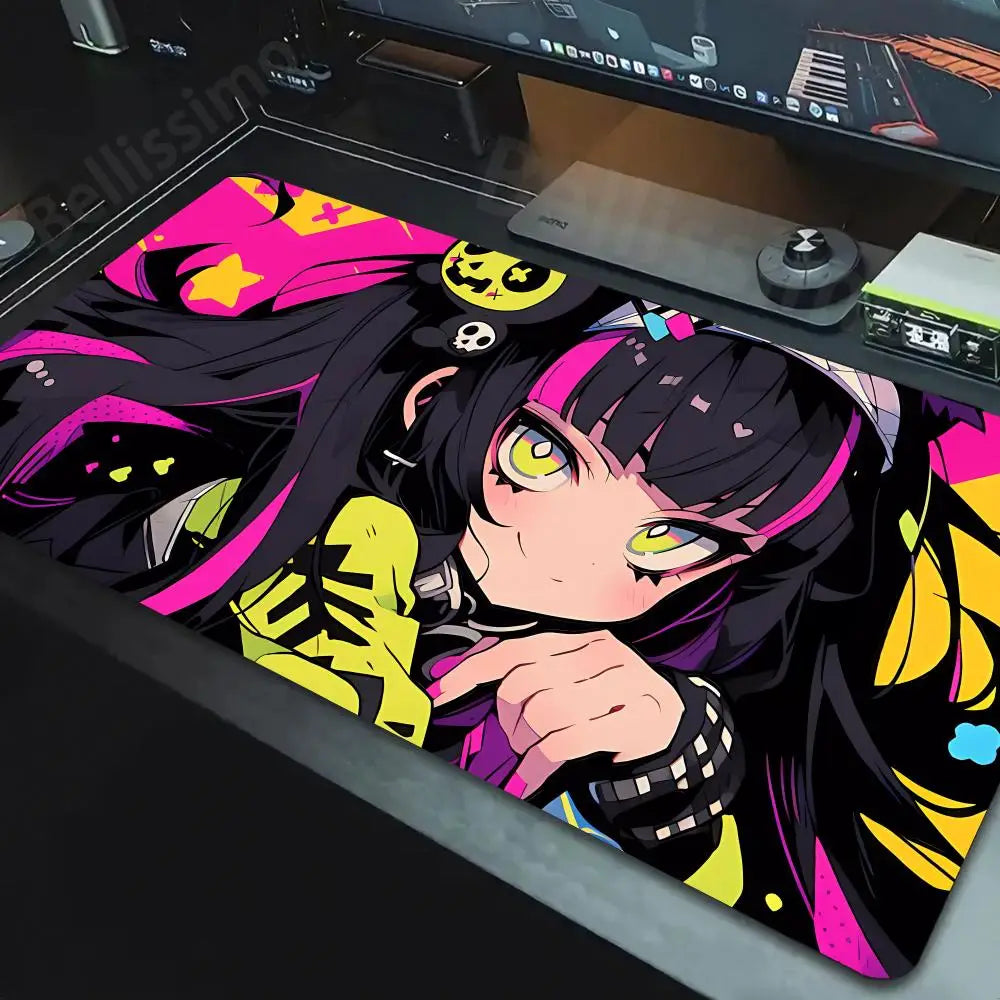 Bellissimo kawaii anime girl mouse pad large gaming desk mat with neon pink and yellow character art and smooth surface
