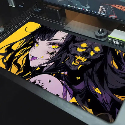 Bellissimo kawaii anime girl mouse pad featuring dark purple and yellow demon motif oversized desk mat for gaming