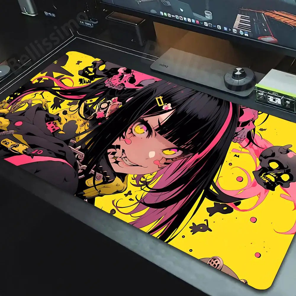 Bellissimo kawaii anime girl mouse pad large desk mat with neon yellow background and pink skull accents