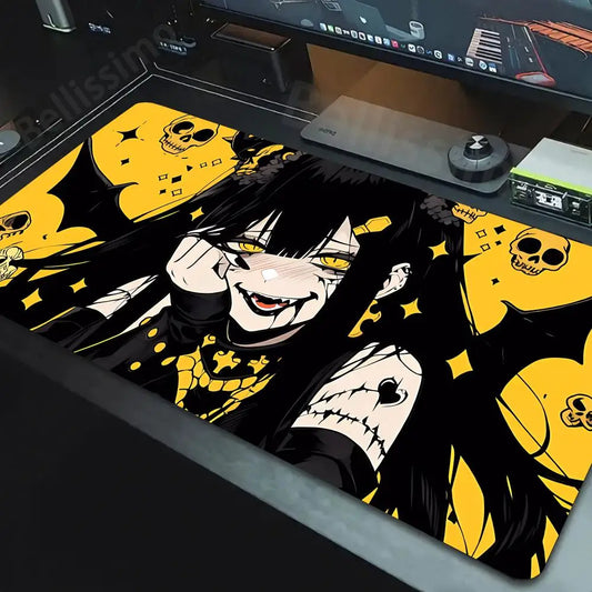 Bellissimo kawaii anime girl mouse pad with black and yellow gothic design featuring grinning girl and skulls