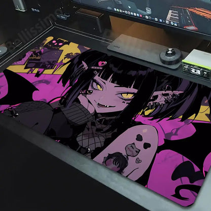 Bellissimo kawaii anime girl mouse pad desk mat featuring purple gothic anime girl with yellow eyes and fangs