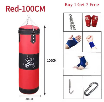 Yellow Pandora boxing punching bag set in red, 100cm size with included gloves and accessories
