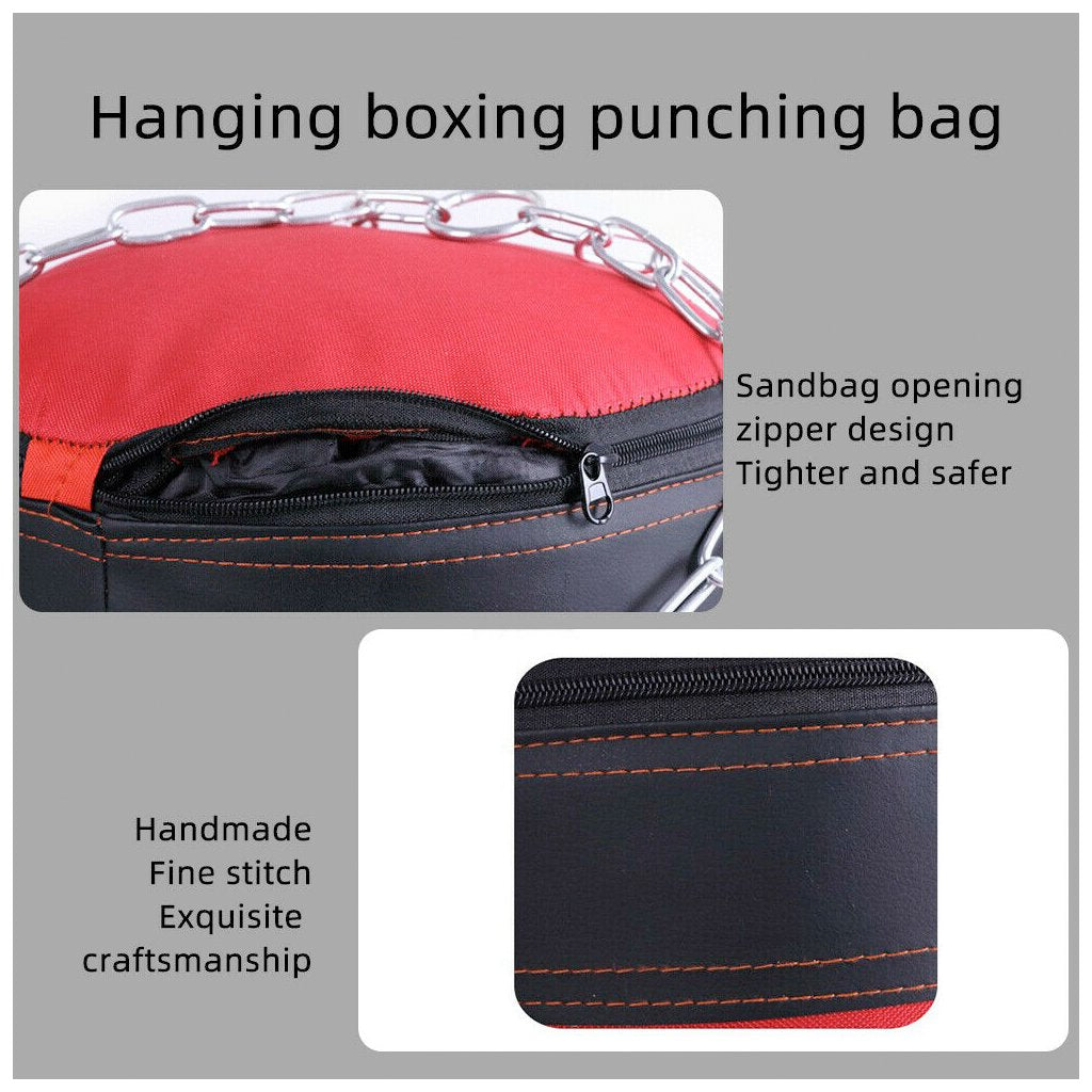 Close-up of a hanging boxing punching bag set with zipper design and fine stitch craftsmanship features