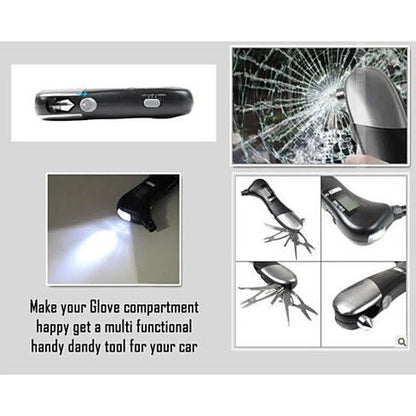 Salmon Lucky multi functional car tool with LED torch glass breaker and fold out utility blades
