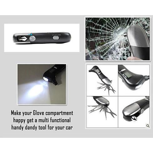 Salmon Lucky multi functional car tool with LED torch glass breaker and fold out utility blades