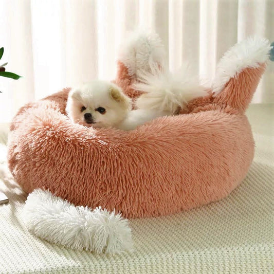 Teal Zeus blush pink donut plush pet bed for cats and small dogs with raised bolster and fluffy faux fur