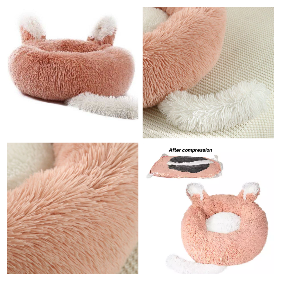Teal Zeus pink donut plush pet bed for cats and small dogs with ears and white inner cushion