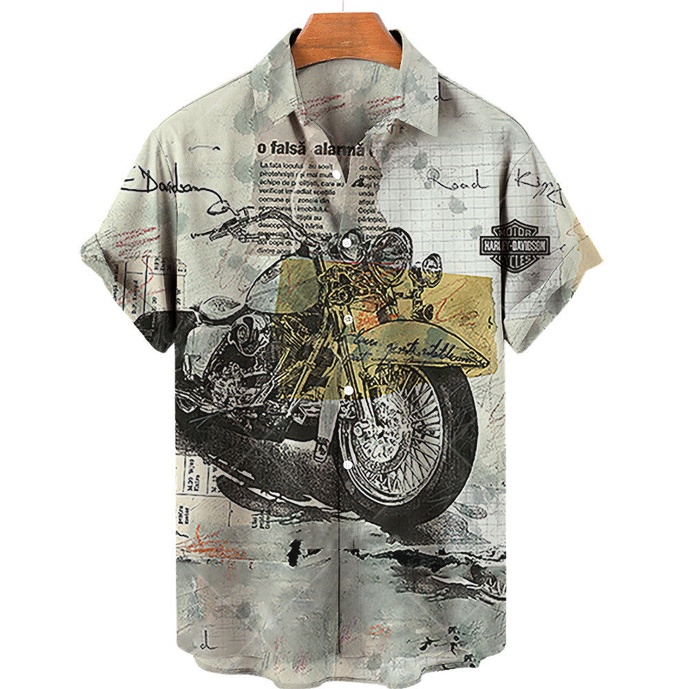 Camisa hawaiana de manga corta de verano con estampado de carreras vintage para hombre