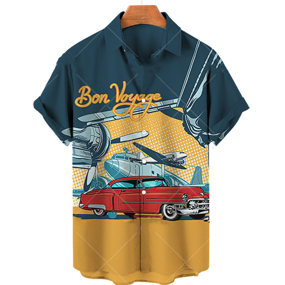 Camisa hawaiana de manga corta de verano con estampado de carreras vintage para hombre