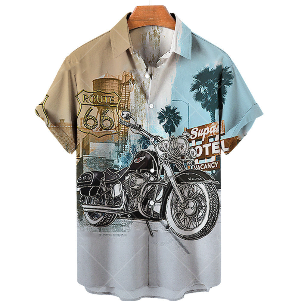 Camisa hawaiana de manga corta de verano con estampado de carreras vintage para hombre