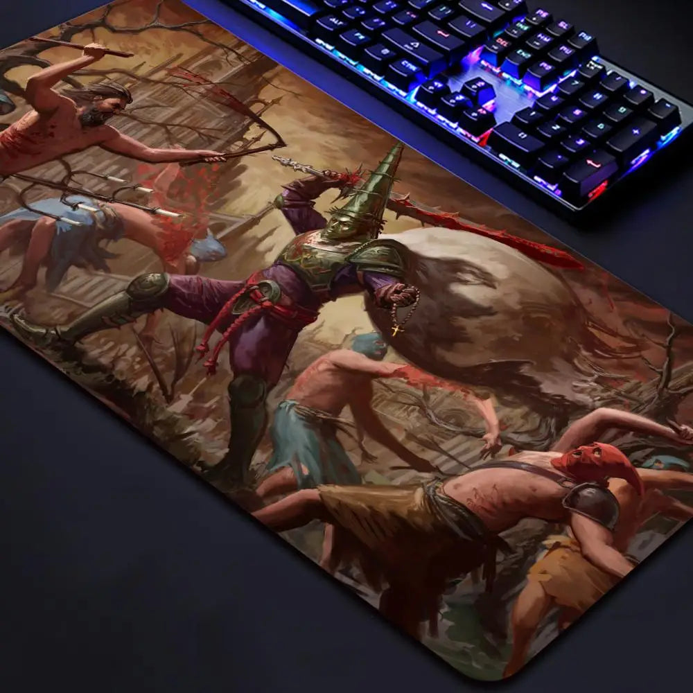 Riccu Blasphemous game mouse pad featuring dark bloody battle artwork with conical helmeted warrior
