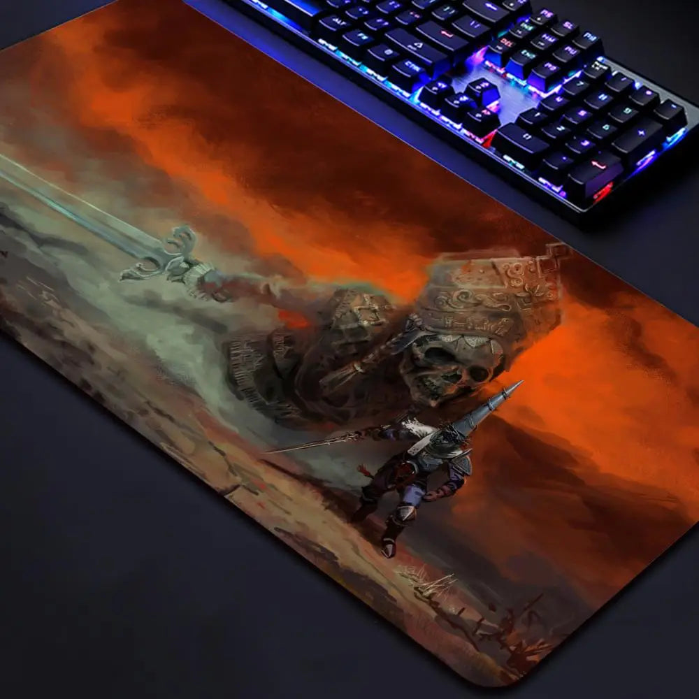 Riccu Blasphemous game mouse pad desk mat showing Penitent One facing a giant skull statue under red orange sky