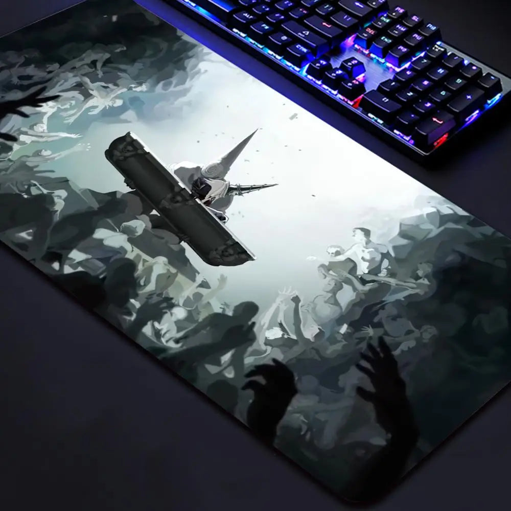 Riccu Blasphemous game mouse pad featuring grayscale gothic knight artwork oversized desk mat