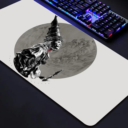 Riccu Blasphemous game mouse pad with monochrome cloaked character art and large circular backdrop
