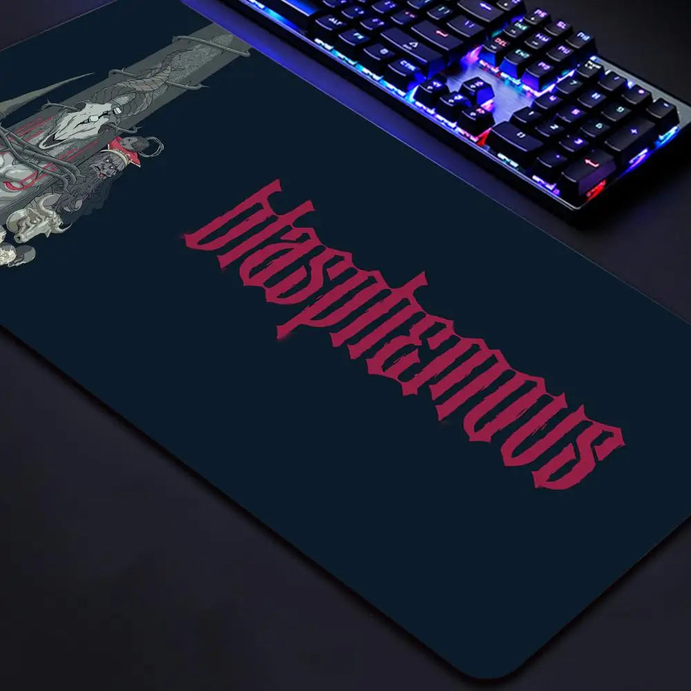 Riccu Blasphemous game mouse pad desk mat with red Gothic logo and character art for gaming setups