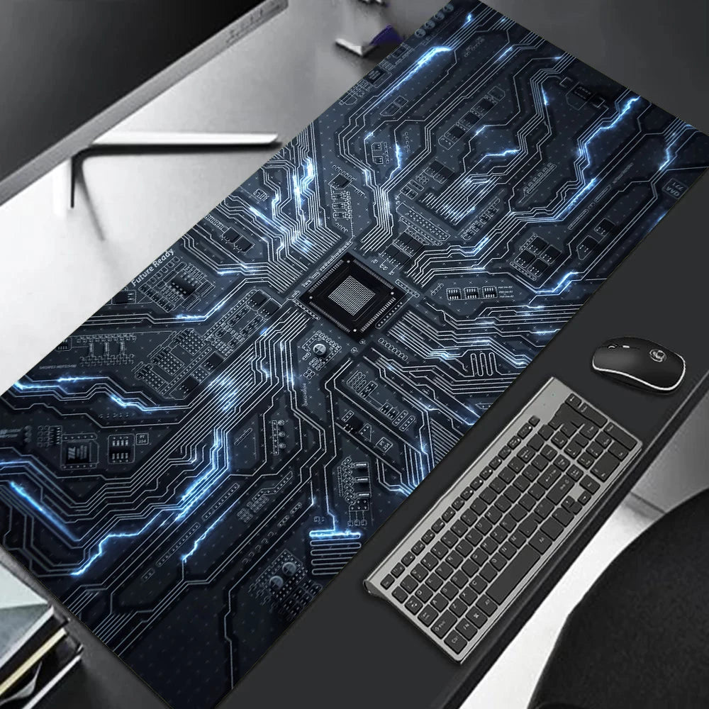 MRGLZY large gaming mouse pad with blue circuit board design and central chip next to keyboard and mouse