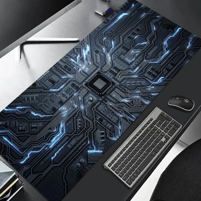 MRGLZY large gaming mouse pad with blue circuit board design and central chip next to keyboard and mouse