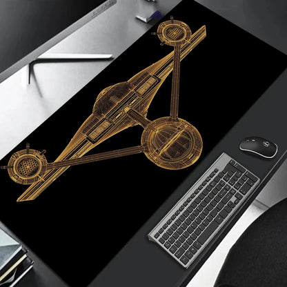 MRGLZY large gaming mouse pad black with gold spaceship blueprint design extended desk surface for keyboard and mouse