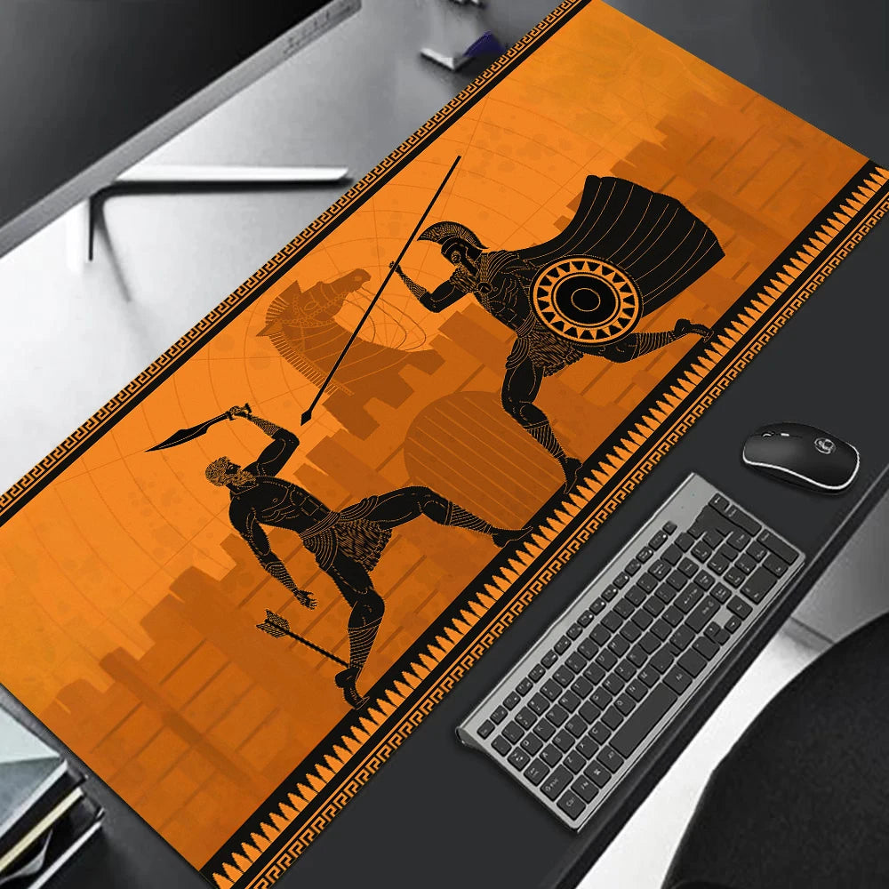 MRGLZY large gaming mouse pad with orange Greek warrior battle design oversized desk mat