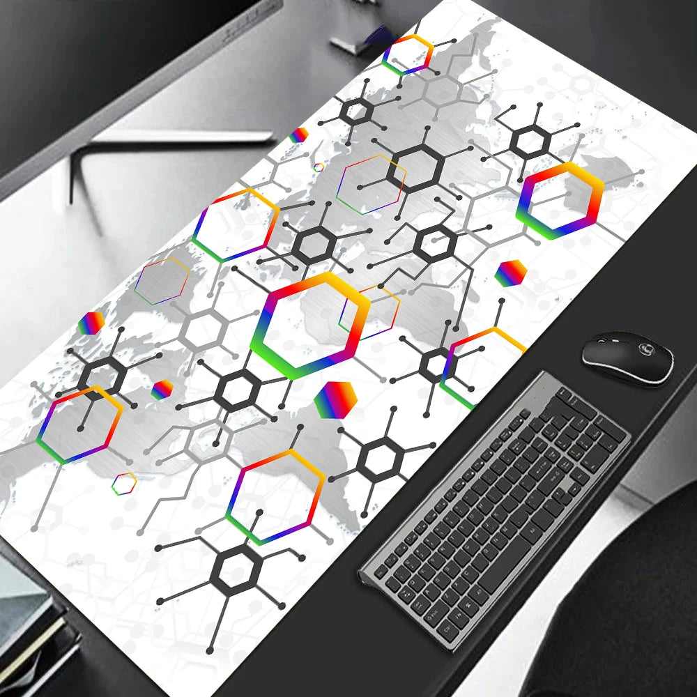 MRGLZY large gaming mouse pad white desk mat with colorful hexagon molecular pattern and full keyboard coverage