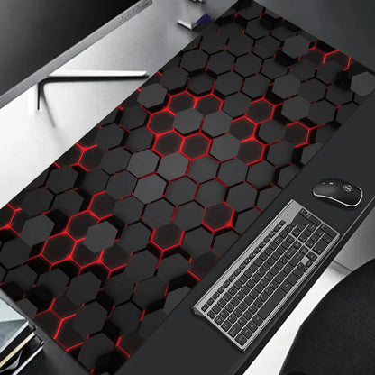 MRGLZY large gaming mouse pad extended desk mat black hexagon pattern with red LED glow for keyboard and mouse