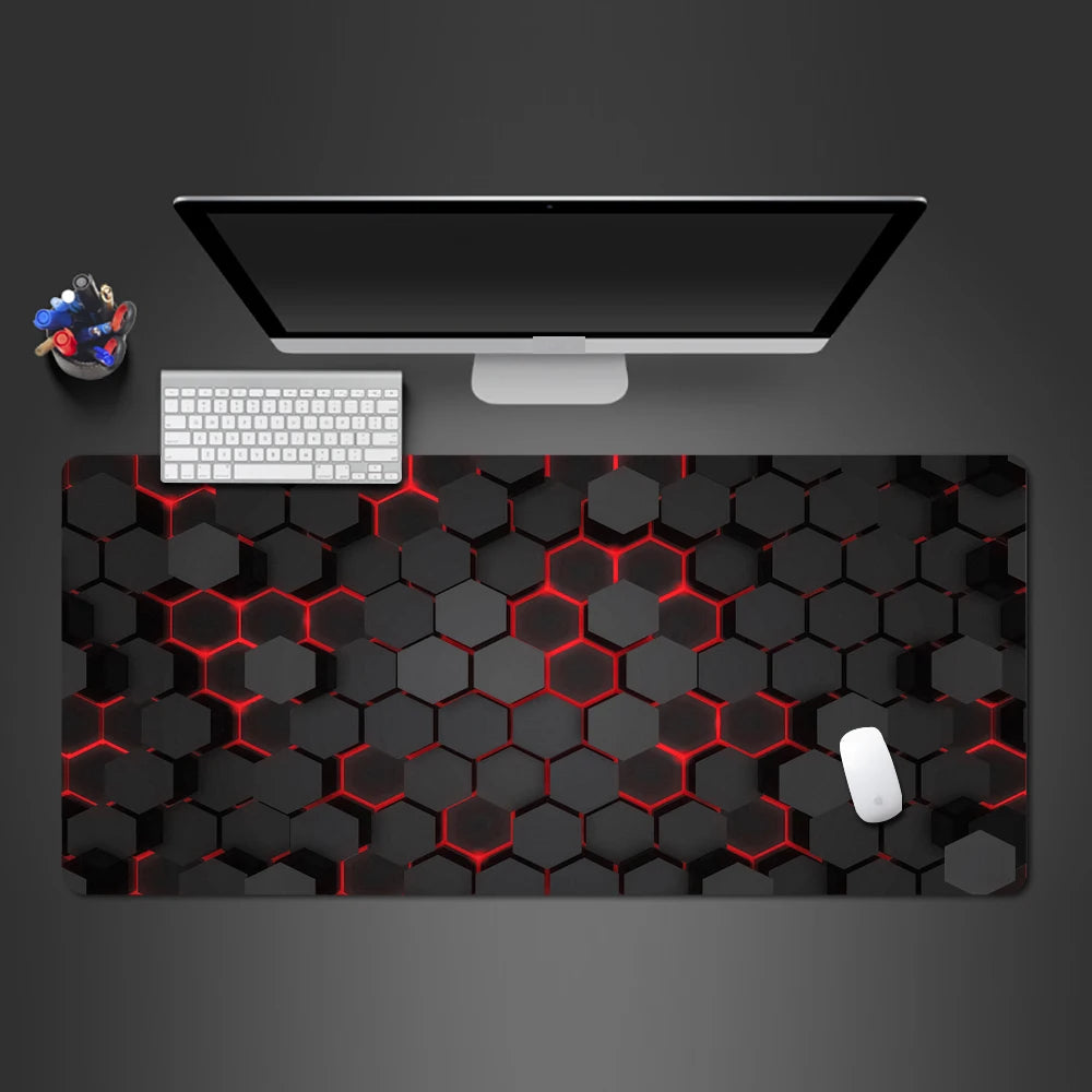 MRGLZY large gaming mouse pad black hexagon pattern with red backlight design for full desk coverage