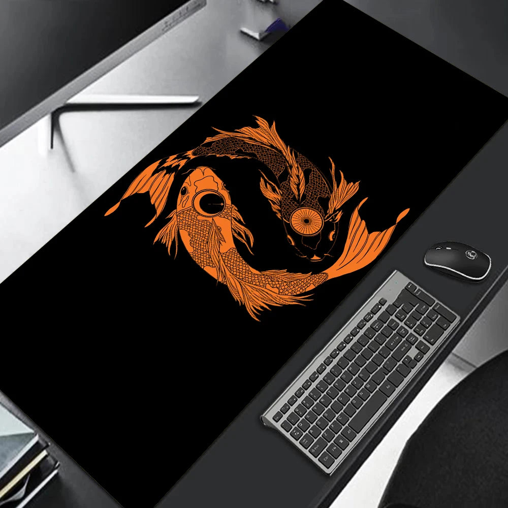 MRGLZY large gaming mouse pad black desk mat with orange koi yin yang artwork and full keyboard