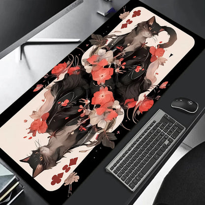 MRGLZY large gaming mouse pad featuring mirrored black cats playing card design with red flowers