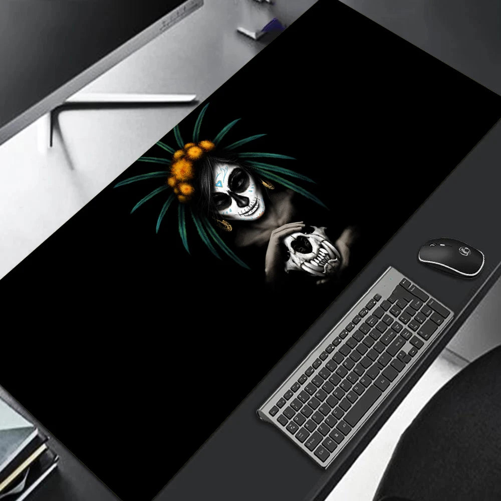MRGLZY large gaming mouse pad featuring Day of the Dead skull woman with green feather headdress holding a skull
