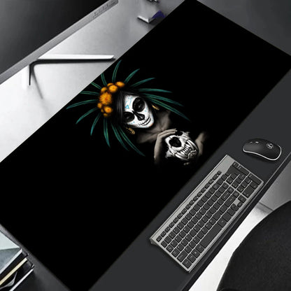 MRGLZY large gaming mouse pad featuring Day of the Dead skull woman with green feather headdress holding a skull