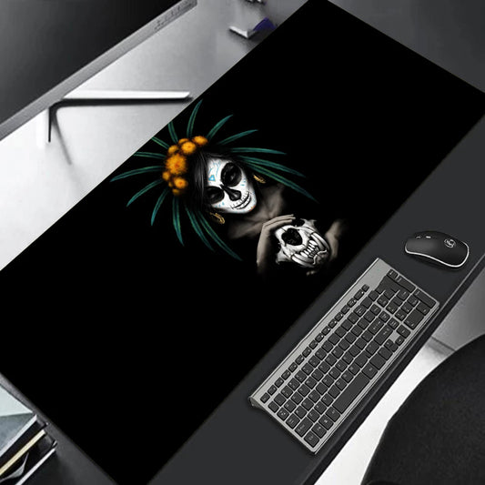 MRGLZY large gaming mouse pad featuring Day of the Dead skull woman with green feather headdress holding a skull