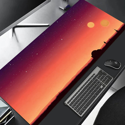 MRGLZY large gaming mouse pad with sunset gradient and twin suns silhouette design full desk mat with keyboard and mouse
