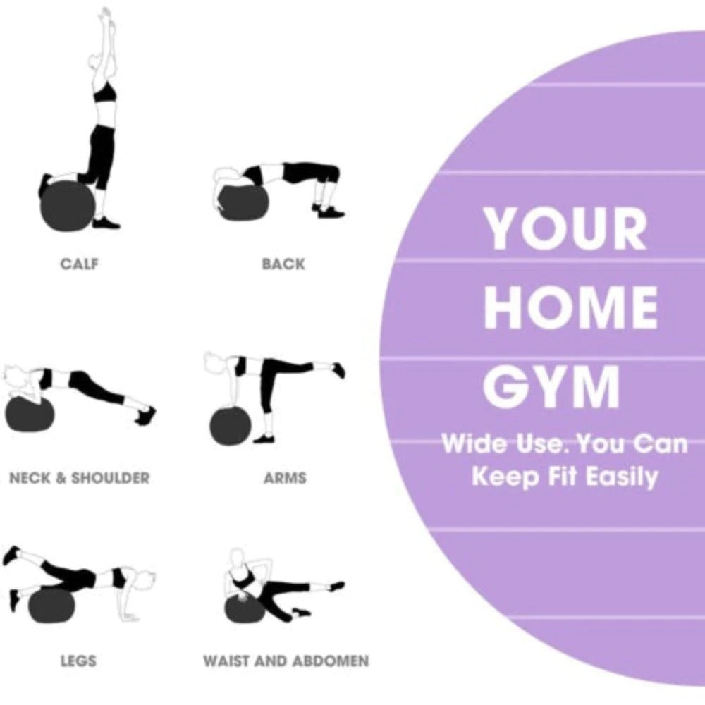 Home exercise yoga ball shown with various workout positions for full-body fitness at home