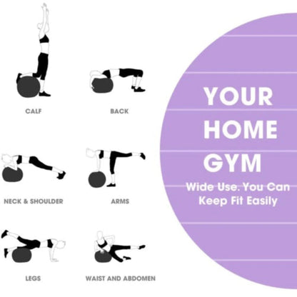 Home exercise yoga ball shown with various workout positions for full-body fitness at home