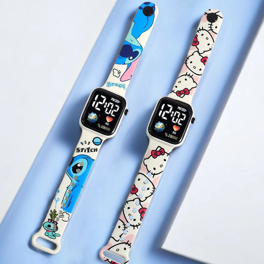 MINISO Hello Kitty digital watch for girls replacement bands showing Hello Kitty and Stitch designs