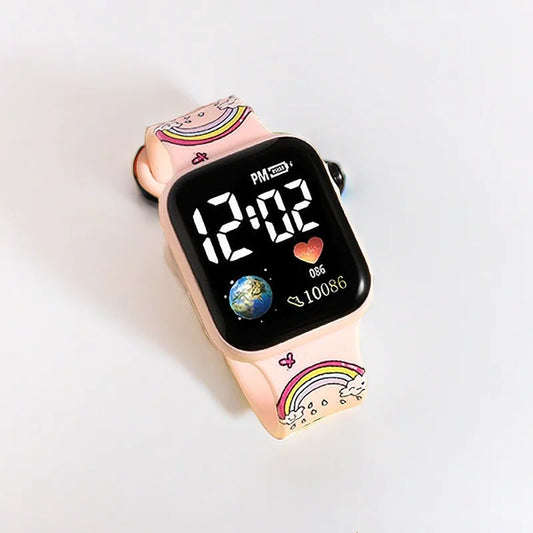 MINISO Hello Kitty digital watch for girls pink silicone strap smartwatch accessory with rainbow and cloud design