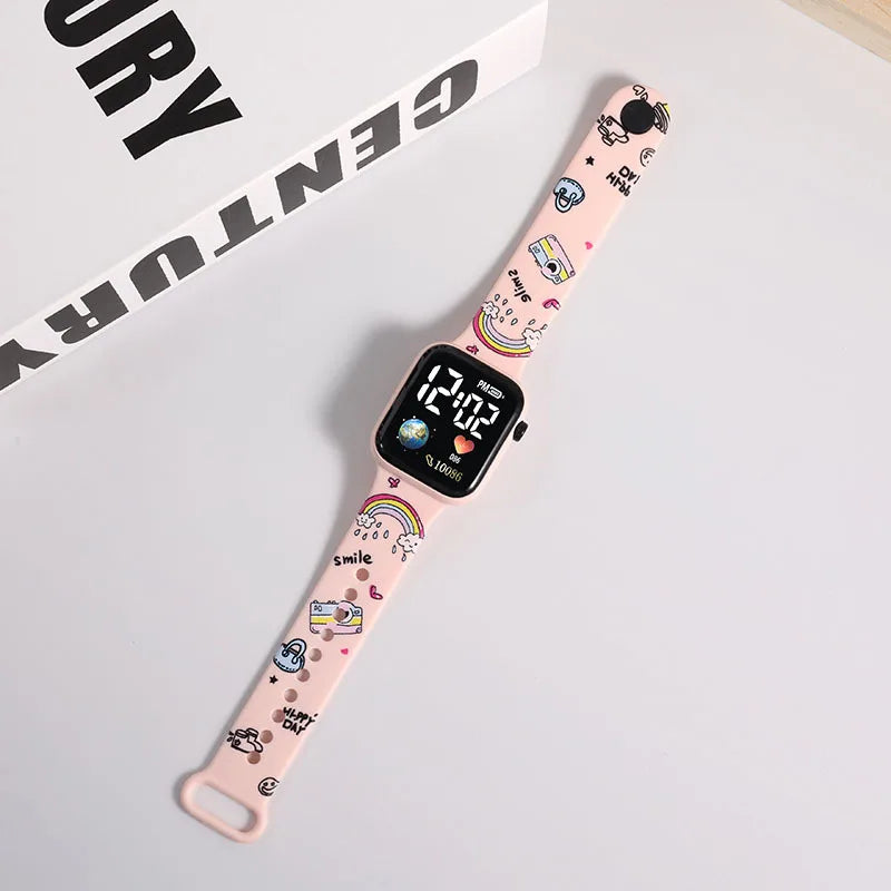 MINISO pink smartwatch accessory with printed cartoon strap and square screen Hello Kitty digital watch for girls