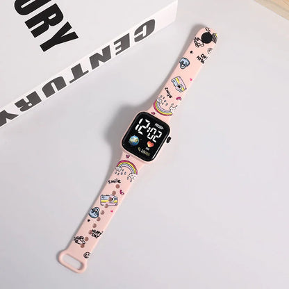MINISO pink smartwatch accessory with printed cartoon strap and square screen Hello Kitty digital watch for girls