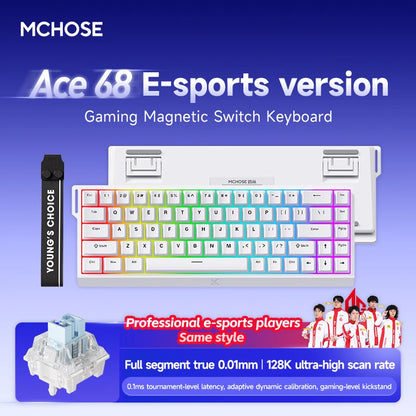 APAYADO white 68 key RGB compact magnetic switch gaming keyboard with flip out feet and clear switches