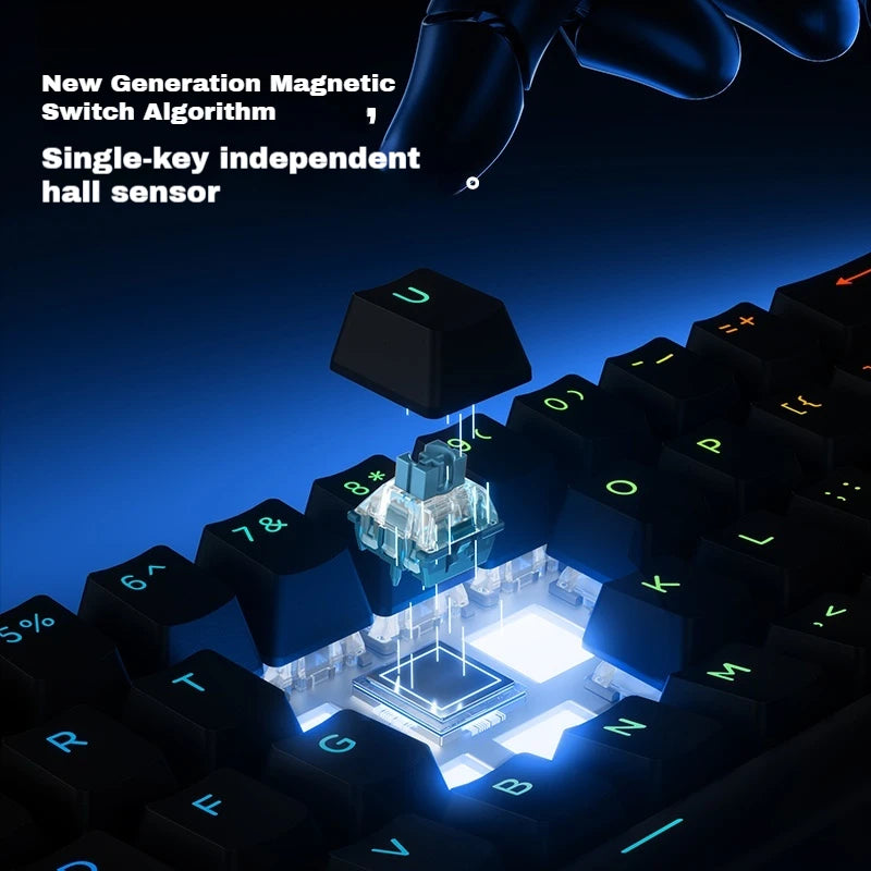 APAYADO magnetic switch gaming keyboard showing removed keycap exposed hall effect switch and RGB lighting