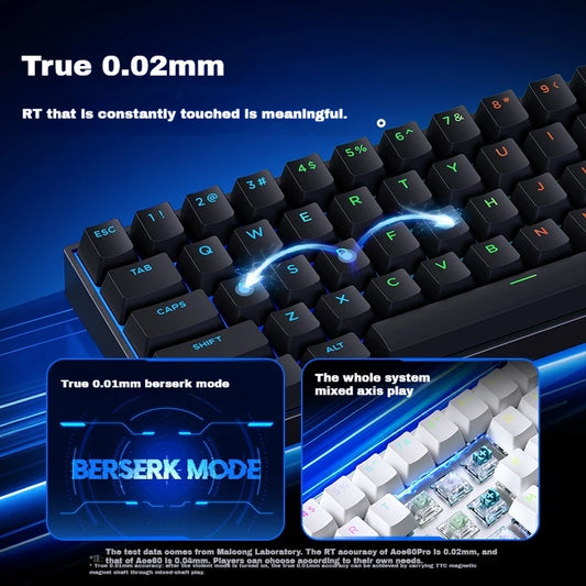 APAYADO magnetic switch gaming keyboard close up RGB backlit black keycaps with switch cutaway and berserk mode