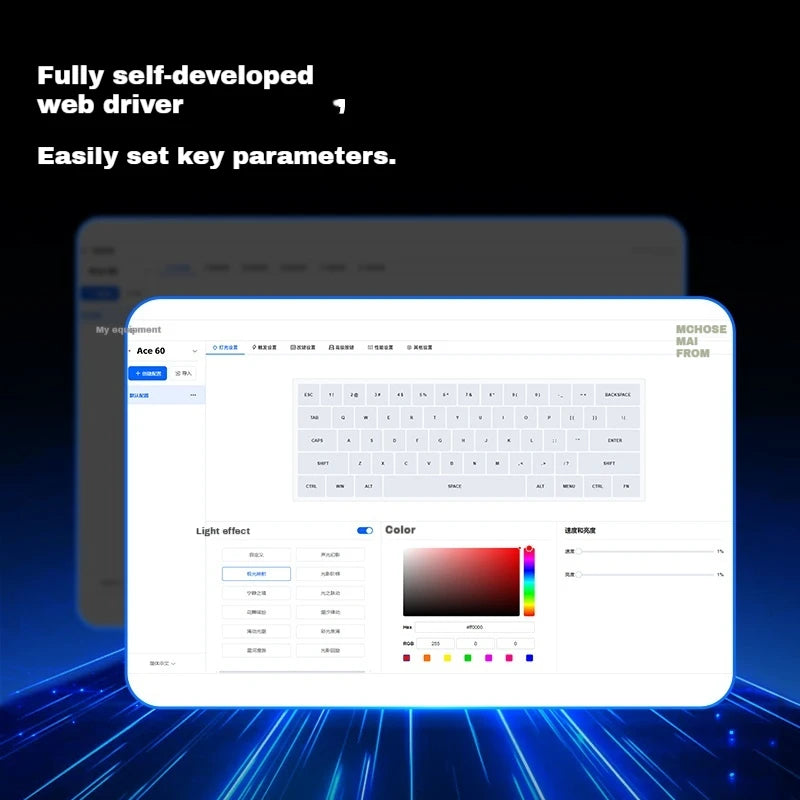 APAYADO magnetic switch gaming keyboard software interface showing key mapping and RGB color picker