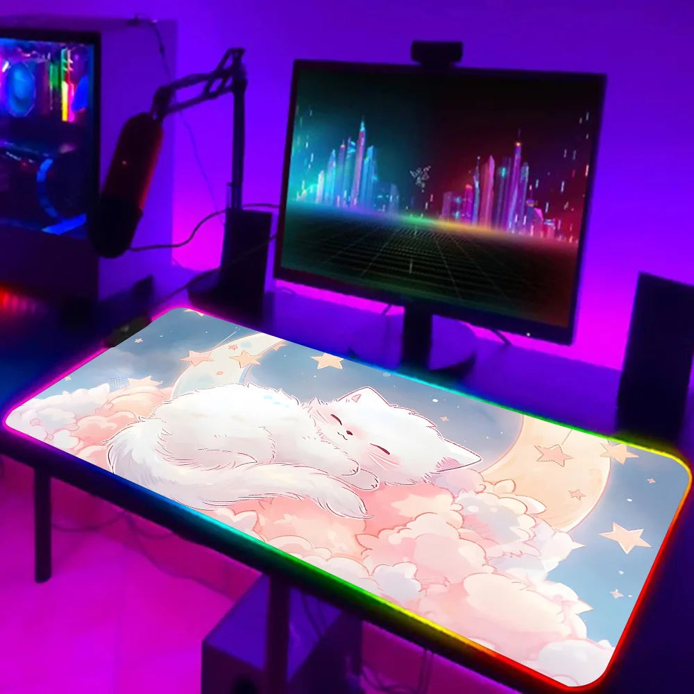 TOPTOY RGB black cat gaming mouse pad large extended desk mat with sleeping white cat moon cloud design