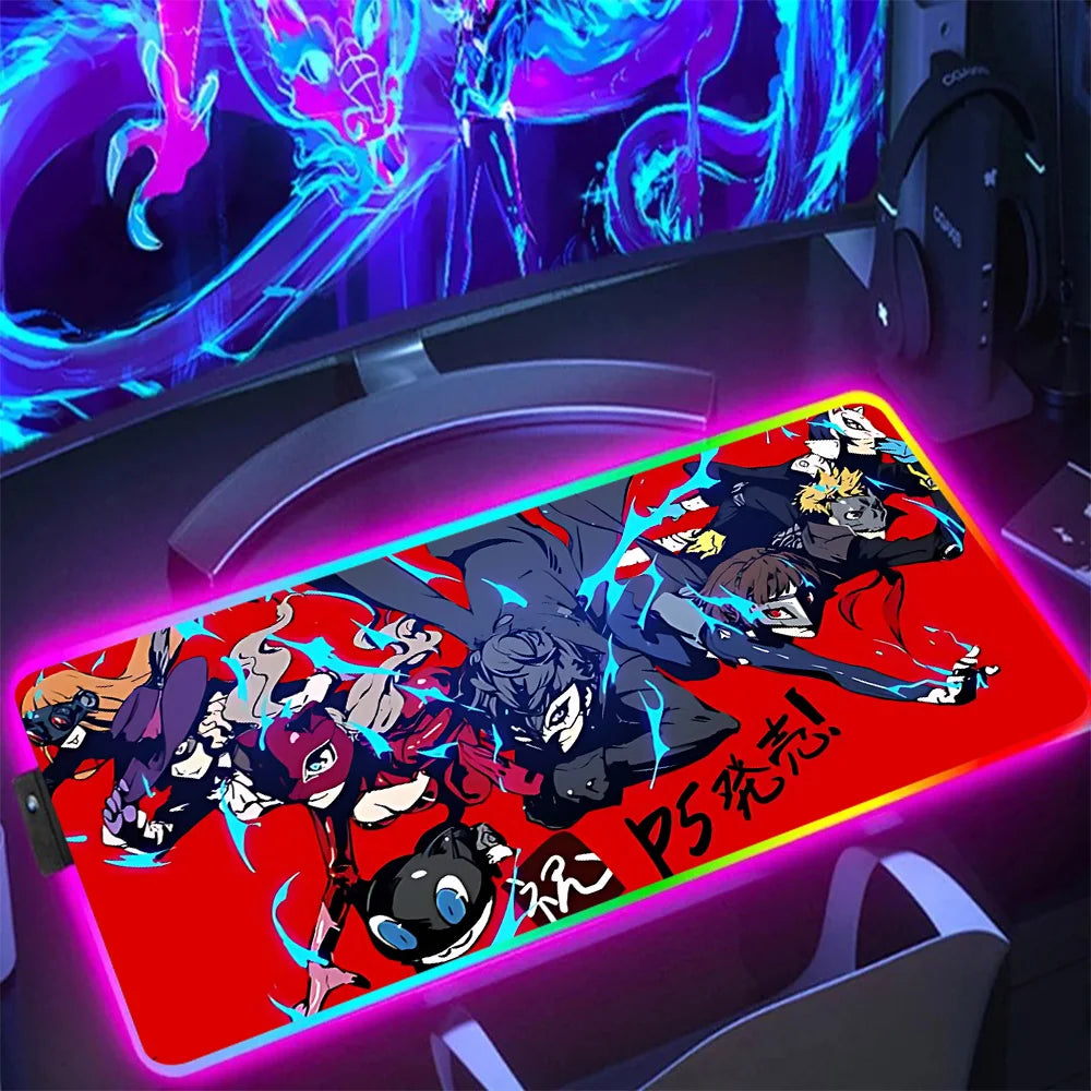 NS Superstore RGB gaming mouse pad with anime hero collage on red surface and pink LED edge lighting