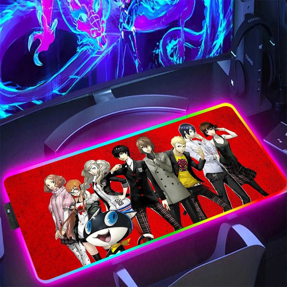 NS Superstore RGB gaming mouse pad full desk size featuring Persona 5 characters red background with multicolor edge lighting