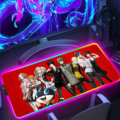 NS Superstore RGB gaming mouse pad full desk size featuring Persona 5 characters red background with multicolor edge lighting