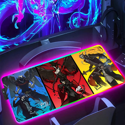 RGB gaming mouse pad with three Persona anime panels in blue red and yellow and full RGB edge lighting for large desk