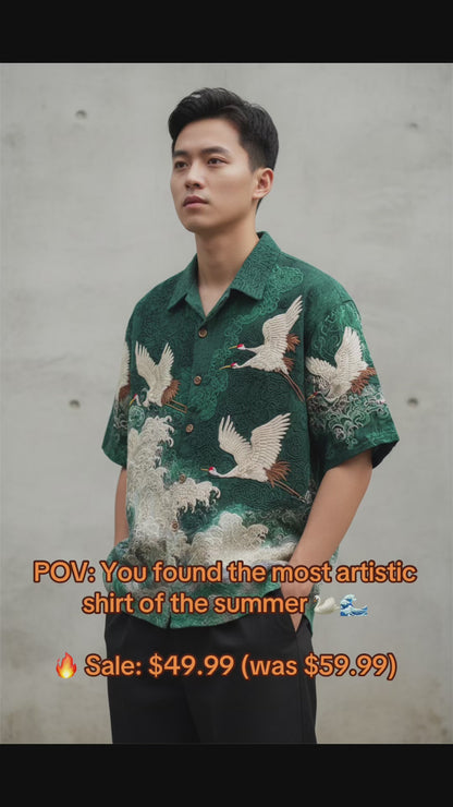 Embossed Flying Crane and Wave Printing Casual Short Sleeved Shirt